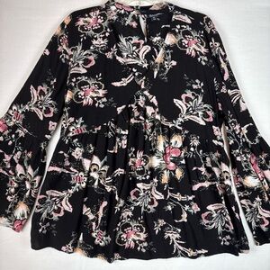 A.N.A Approach Black Pink Floral Bell Sleeve Women Blouse Size XLT romantic